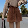 Automne hiver velours côtelé jupes plissées ceintures taille haute a-ligne sexy mini dames patineuse 210428