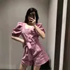 Summer Pink Color Chic Playsuit Women Puff Short Sleeve Stylish Playsuits With Belt Button Pocket Holiday Romper Femme 210515