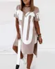 Fashion Fashion Casual Loose Fit Midi Robe Femelle Robes courtes courtes Lettre Imprimerie DIP HEM T-shirt Robe 210716