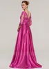 Fuchsia Lace Satin Mother of the Bride Dresses V Neck 3/4 Long Sleeves Floor Length Wedding Guest Dress Party Gowns