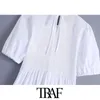 TRAF Women Chic Fashion Smocked Elasitc White Midi Dress Vintage O Neck Puff Sleeve Female Dresses Vestidos Mujer 210415