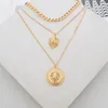 Pendant Necklaces Punk Style Statement Metal Gold Color Chain Multi Layer Lion Pattern Round Coin Necklace For Women Party 2022