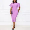 Afrika Bayanlar için Mor Ofis Elbiseleri Zarif Ruffles Yüksek Bel Bodycon Afrika İş İş Resmi MIDI 210510