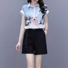 여성 여름 두 조각 세트 캐주얼 짧은 소매 동물 인쇄 옷깃 셔츠 탑스 + 높은 허리 바지 스커트 정장 복장 210519