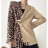 Women Fashion Leopard Print Patchwork Blazer Coat Vintage Long Sleeve With Belt Female Outerwear Chic Tops 210507