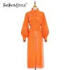Casual Patchwork Perspective Robe Pour Femmes Revers Lanterne À Manches Longues Taille Haute Robes Élégantes Mode Féminine 210520