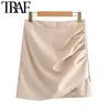 TRAF女性シックなファッションフェイクレザープリーツミニスカートビンテージハイウエストバックジッパー女性スカートMujer 210415