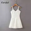 Foridol White Cotton Summer Beach Dress Women Vintage Button Up Backless A-line Embriodery Hollow Out Spaghetti Strap Dress 210415