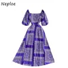 Neploe Square Collar Sexy Clavicle Exposed Kleid Frauen Hohe Taille Hüfte Eine Linie Lange Vestidos Vintage Plaid Urlaub Böhmischen Robe 210423