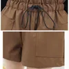 Autumn Korean Style PU Leather Shorts Elastic Fashion Loose Wide Leg Solid A-Line Lace Up Women's spodenki 10905 210518