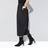 Black Wide Leg Pants Women Mid-Calf Elastic Waist Casual Trousers Thick Autumn Winter Loose 210427
