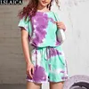 Jumpsuits voor Dames Zomer Tie Dye Korte Mouw O Hals Drawstring Broek Playsuit Plus Size Thuis Kleding Combinaison 210515