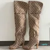 Designer Shoes High Heel Beige Women's knee-high Boots Pink Printed Canvas over the knee Boot Zipper Laces Casual shoe