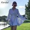 Button Up Vintage Blaues Kleid Frauen Langarm A-Linie Hemd Frühling Herbst Schärpe Boho Kurzer Strand 210427