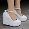 Chaussures habillées Parti Wedges Mariage Nuptiale Douce Fleur Blanche Dentelle Perle Plate-Forme Pompe Mariée Talons Hauts Demoiselle D'honneur