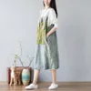 Johnature Japan Style Straight Summer Dress Print Sleeveless Pockets Jeans Dress Knee-length Vintage Strap Women Dress 210521