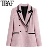 TRAF Women Fashion With Piping Patchwork Tweed Blazer Coat Vintage Long Sleeve Welt Pockets Female Outerwear Chic Veste 211122