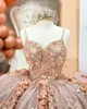 2021 Kaffee Perlen Quinceanera Kleider Sexy Spaghetti Hals Appliqued 3D Floral Sweet 16 Princess Ballkleid Pageant Kleider Vestido de 15 Anos XV