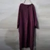 Johnature Jesień Bawełniana Pościel Retro V-Neck Button Długim Rękawem Pullover Sukienka Luźne Wygodne Kobiety Plus Size Sukienki 210521