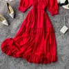 Vintage Summer Party Dress Women Solid Color Sexy V-Neck Ruffles Elegancka Długa Dress Beach Kobieta Red Midi Suknie Vestidos 210521