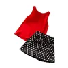 Été Enfants Ensembles Mode Sans Manches O Cou Rouge Solide Tops Dot Bow Jupe Casual 2pcs Filles Vêtements 3-11T 210629