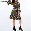 Vintage Dress Women Print Flare Sleeve O Neck Zipper Midi Autumn Winter High Waist Female Long African Style 210513