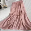 Summer Women Solid Long Skirts Elastic Waist Pleated Maxi Beach Ruffle Vintage Belt Faldas Saia Party Bottoms 210529
