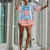 Kvinnor Toppar och blusar Sequin Färgglada Patchwork Half Sleeve Loose Shirts Causal Streetwear O Neck Fashion 210520