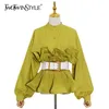 Temperament White Sashes Shirt For Women Stand Collar Long Sleeve Patchwork Ruffle Joker Blouse Female Fashion 210524