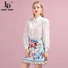 Letnie Kobiety Zestaw Runway Mody Designer Z Długim Rękawem Gorgeous Ruffles Bluzki + Drukowana Mini Spódnica Lady Garnitury 210522