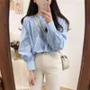 O cou bleu chemise à carreaux été femme décontracté blanc lâche femmes manches longues lin coton filles chemisier plus taille chemisiers top 210423