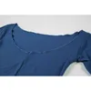 T-shirt à col rond profond bleu à manches longues et gilet camisole sans manches gris tenues ajustées femmes printemps ensembles sexy de base dames 210417