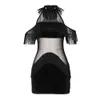 Women Sexy Tassel Mesh See Though Velvet Mini Dress Splicing Party Cold Shoulder O Neck Transparent Bodycon Dress 4colors S-2XL