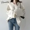 Yitimoky trui vrouwen zwart wit truien Koreaanse stijl herfst winter losse casual v-hals gebreide top solid kleding 210918