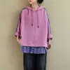Wiosna Korea Moda Patchwork Plaid Casual Kobiety Bluzy Z Długim Rękawem Luźne Kapturem Topy Damskie Bluza Odzież Plus Rozmiar S806 210809