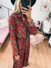 Vintage Floral Print Maxi Dress WomenAutumn Boho Long Sleeve Long Dress Turn Down Collar Button Sashes Casual Shirt Dresses Robe 210507