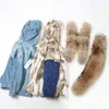 Maaokong Denim Jacket Parka Winter Women Parkas Real Fur Collar Coat Natural Raccoon Hood Rabbit Liner Luksusowy 211220