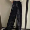 TRAF Mulheres Chic Moda Side Bolsos Veludo Largo Perna Calças Vintage Alta Elastic Cintura Cordão Calças Femininas Mujer 210415
