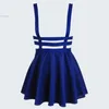 Skirts Preppy Style Suspender Women Girl Ruffles Skater Pleated Short Braces Skirt Back Zipper Hollow Out 2022 Summer