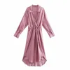 Été Femmes Cross V Col Rose Midi Chemise Robe Femme Manches Longues Vêtements Casual Lady Lâche Robe D7597 210430