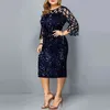 Vestido de fiesta Tallas grandes Damas Midi Lentejuelas Malla Manga larga Encaje Elegante Bodycon XL-4XL 5XL Vestidos de noche Mujer Verano 211028