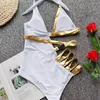 Gold Bar Splicing High Taille Bikini 2021 Sexy Solid Color Push Up Maillots de bain Femmes One Piece Maillot de bain Bandage réglable Bikinis Femme