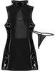 Womens WetLook Fashion Costumes Club Patent Lederen Mesh Patchwork Sleevelbacklbodycon Mini Drwith G-String Slips X0529