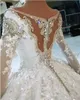 Sparkly Crystal Beaded Wedding Dresses 2022 Long Sleeve Puffy Cathedral Train Lace Floral Plus Size Royal Wedding Gown