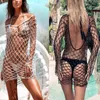 Women Sexy Mesh Beading Fishnet Bikini Swimsuit Cover Up Top Saida De Praia Women's Swimwear