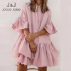 Jocoo Jolee Elegant Rufflesミニドレス女性夏季半袖不規則ルーズドレスプラスサイズのビーチパーティーショートドレス210518