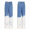 Twotwinstyle casual lösa målade kvinnor full längd jeans hög midja träff färg asymmetriska denim bredben byxor för kvinnlig 211129