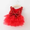Zarif Bebek Kız Kırmızı Sequins Tutu Elbise Çocuk Noel Örgün Parti Elbiseler ile Yaylar Çarpıcı Toddler 1-5Y Akşam Kostüm 210529
