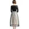 Fashion Spring piste Noir Patchwork Robe de dentelle pour femme Gauze Dot Robes Vestidos 210520
