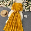 Women Summer Dresses Midi French Dress 2021 Sweet V-Neck Puff Sleeve High Waist Elegant Solid Woman Female Clothing Year Women's Swimwear